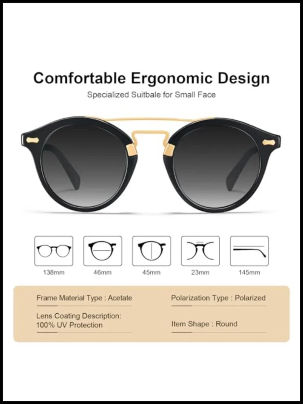 Retro Metal Brow Double Bridge Sunglasses Round Small Face Acetate Frame